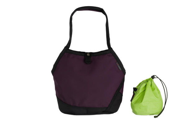 A Swift in Aubergine Ballistic with Kiwi (bright green with white grid) 200 Halcyon interior and Yarn Stuff Sack.